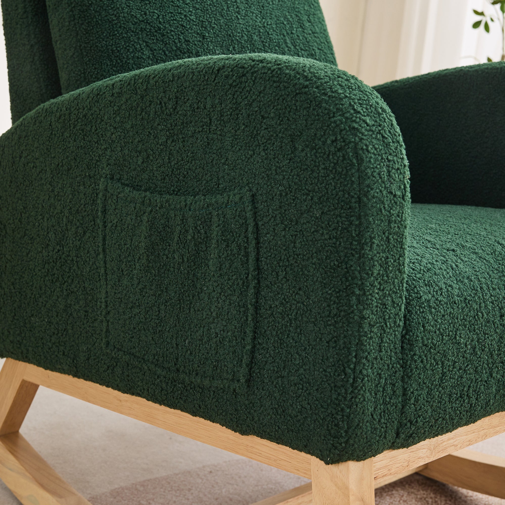 27.2'W Rocking Chair for Nursery, Sherpa Glider Chair with High Back and Side Pocket, Rocking Accent Armchair with Rubber Wood Legs for Living Room/Bedroom.Green - Grand Goldman Shop