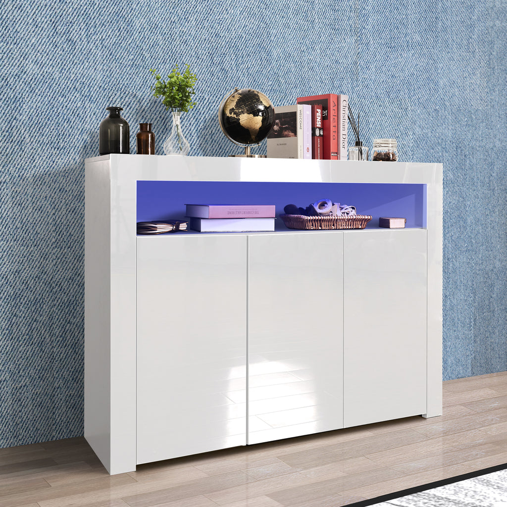 Living Room Sideboard Storage Cabinet WHITE  High Gloss with LED Light, Modern Kitchen Unit Cupboard Buffet Wooden Storage Display Cabinet TV Stand with 3 Doors for Hallway Dining Room - Grand Goldman Shop