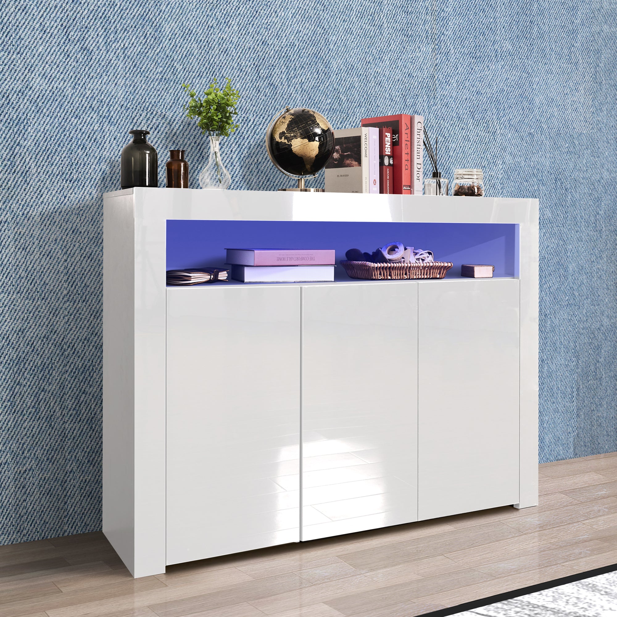 Living Room Sideboard Storage Cabinet WHITE  High Gloss with LED Light, Modern Kitchen Unit Cupboard Buffet Wooden Storage Display Cabinet TV Stand with 3 Doors for Hallway Dining Room - Grand Goldman Shop