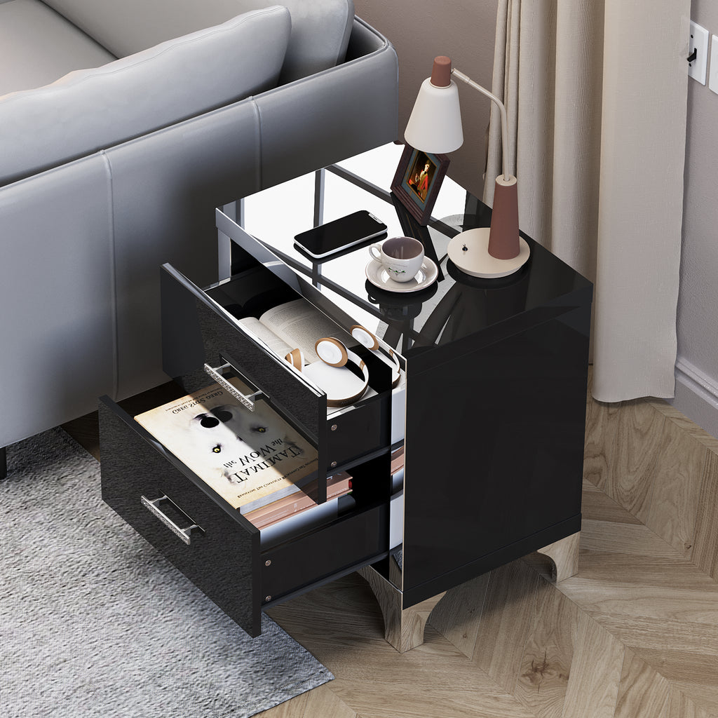 High Gloss Mirrored Nightstand with 2 Drawers,Modern End Table with Drawers,Mirrored High Gloss Wood Nightstand Metal Handle Bedside End Table for Bedroom, Dorm,Living Room,Black - Grand Goldman Shop