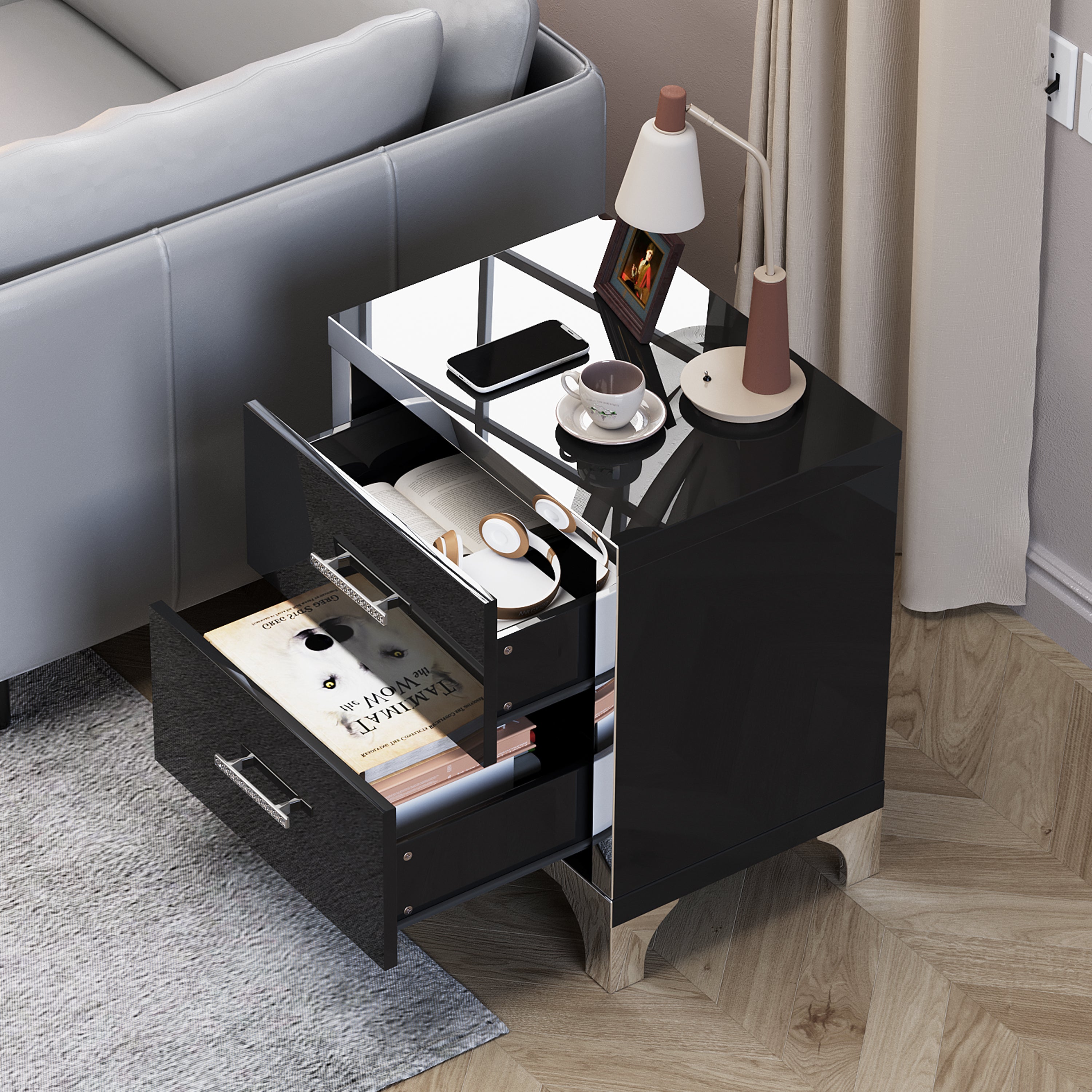 High Gloss Mirrored Nightstand with 2 Drawers,Modern End Table with Drawers,Mirrored High Gloss Wood Nightstand Metal Handle Bedside End Table for Bedroom, Dorm,Living Room,Black - Grand Goldman Shop