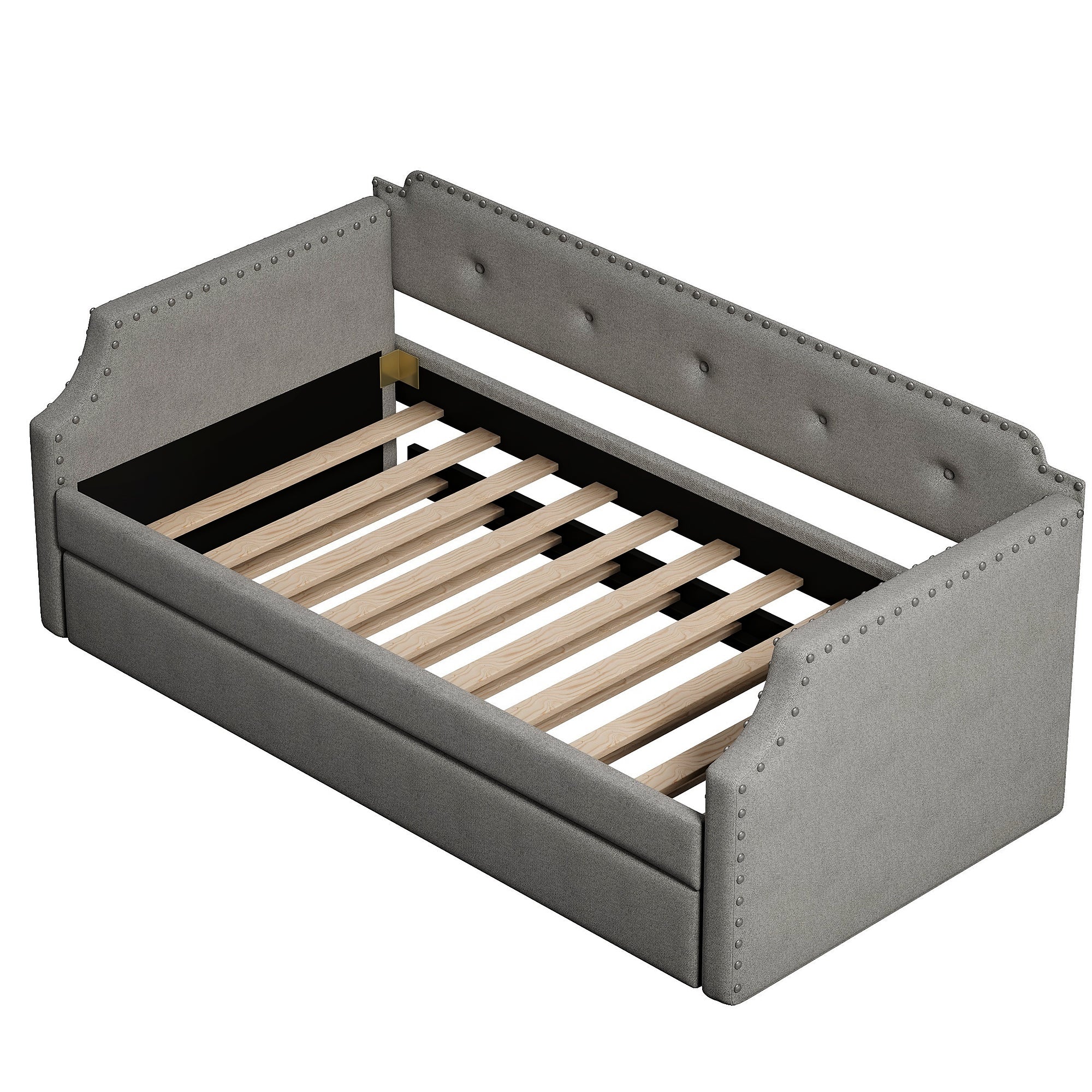Gray Upholstered Daybed with Trundle, Twin, Wood Slat Support, Linen Fabric Frame Sofa Bed - Grand Goldman Shop