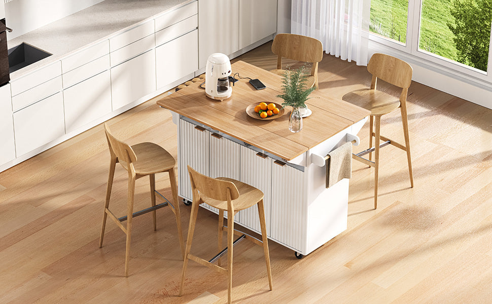 K&K 55.5' Fluted Kitchen Island with 2 Drop Leaf, Kitchen Storage Cart with Power Outlet, 4 Doors, Spice rack, Rolling Island Table with Wood-grain Top, Curved Edge for Kitchen, Dining Room,White - Grand Goldman Shop