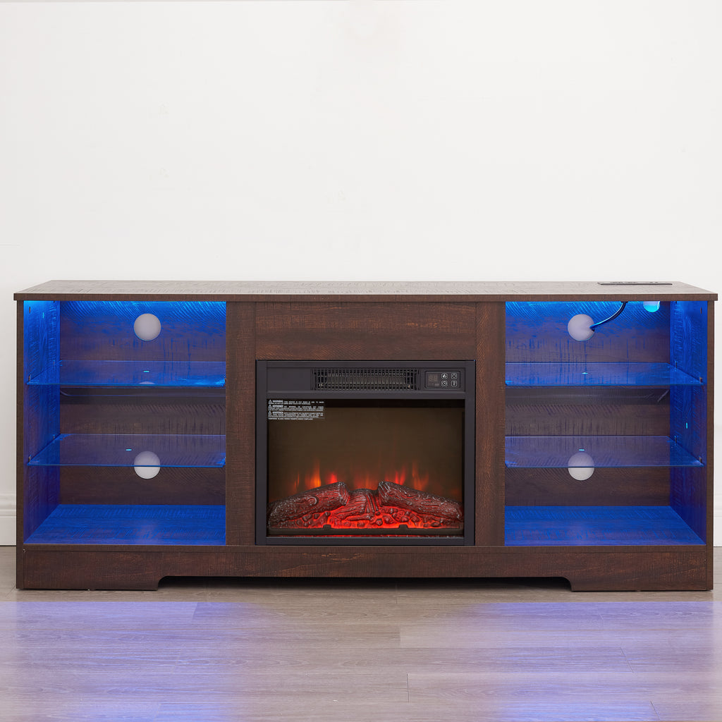 TV Stand Electric Fireplace TV Stand with Glass Shelves, 3D Fireplace TV Stand with LED Lights Wood with USB Charging Outlet Modern Television Table Center for TV up to 32-62' ESP 58''W*15.4''D*24.6 - Grand Goldman Shop