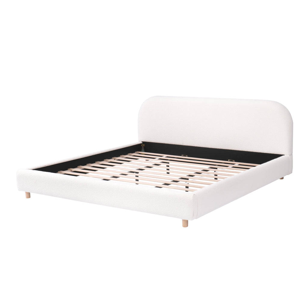 King Size Platform Bed with Boucle Fabric, Boucle Fabric Upholstered Platform Bed with Curve-Shaped Design Headboard, White, Easy Assembly - Grand Goldman Shop
