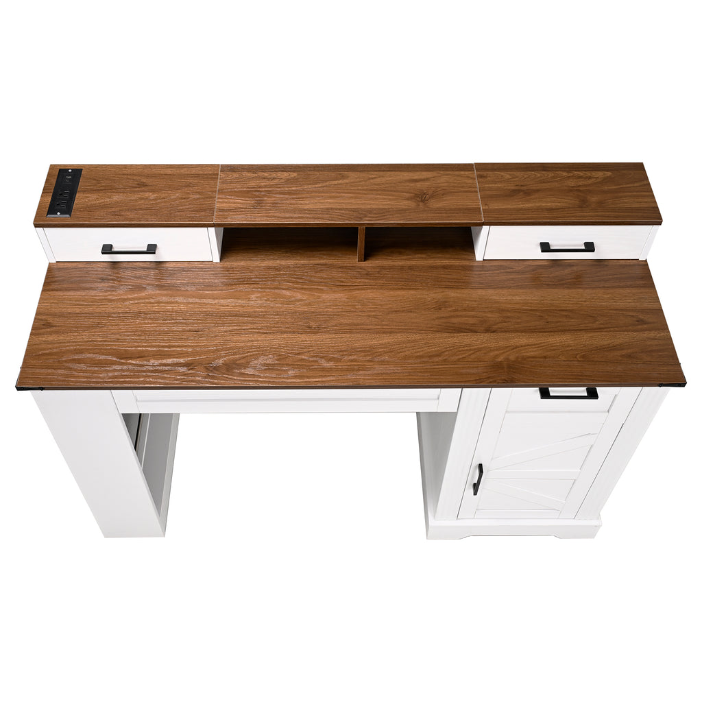 White Farmhouse Office Desk with Storage Cabinet, Charging Station, Monitor Stand & Pegboard, 55' Computer Writing Desk with 