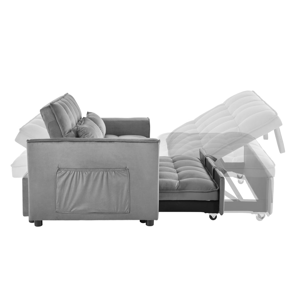 Convertible Sofa Bed, 3-in-1 Pull Out Couch Bed with Reclining Backrest, Pillows, Light Gray Velvet. - Grand Goldman Shop