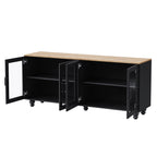 ON-TREND Farmhouse TV Stand with Tempered Glass Doors for TVs Up to 70', Versatile Sideboard with Adjustable Shelves, Elegant Buffet Cabinet with 5 Solid Wood Gourd-Shaped Legs for Living Room, Black - Grand Goldman Shop