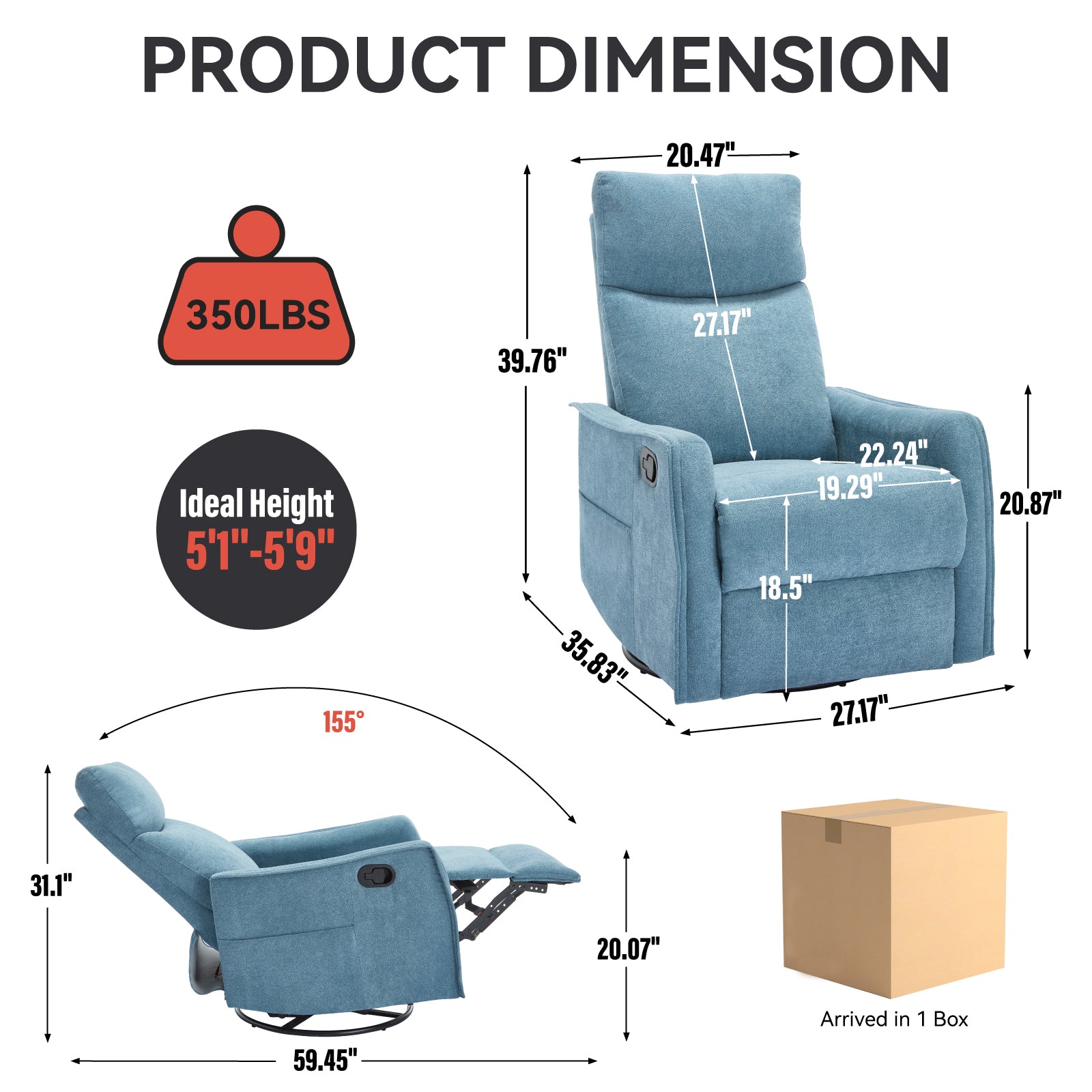 Heat Massage Manual Recliner Chair with Rocker and Swivel in Fabric for Living Room, Blue - Grand Goldman Shop