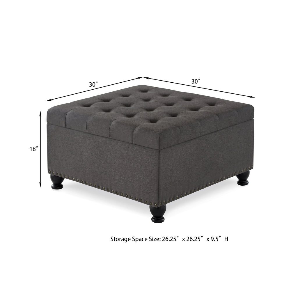 Large square storage ottoman with wooden legs, Upholstered button tufted coffee table with nail trims for Living Space,Dark Grey - Grand Goldman Shop
