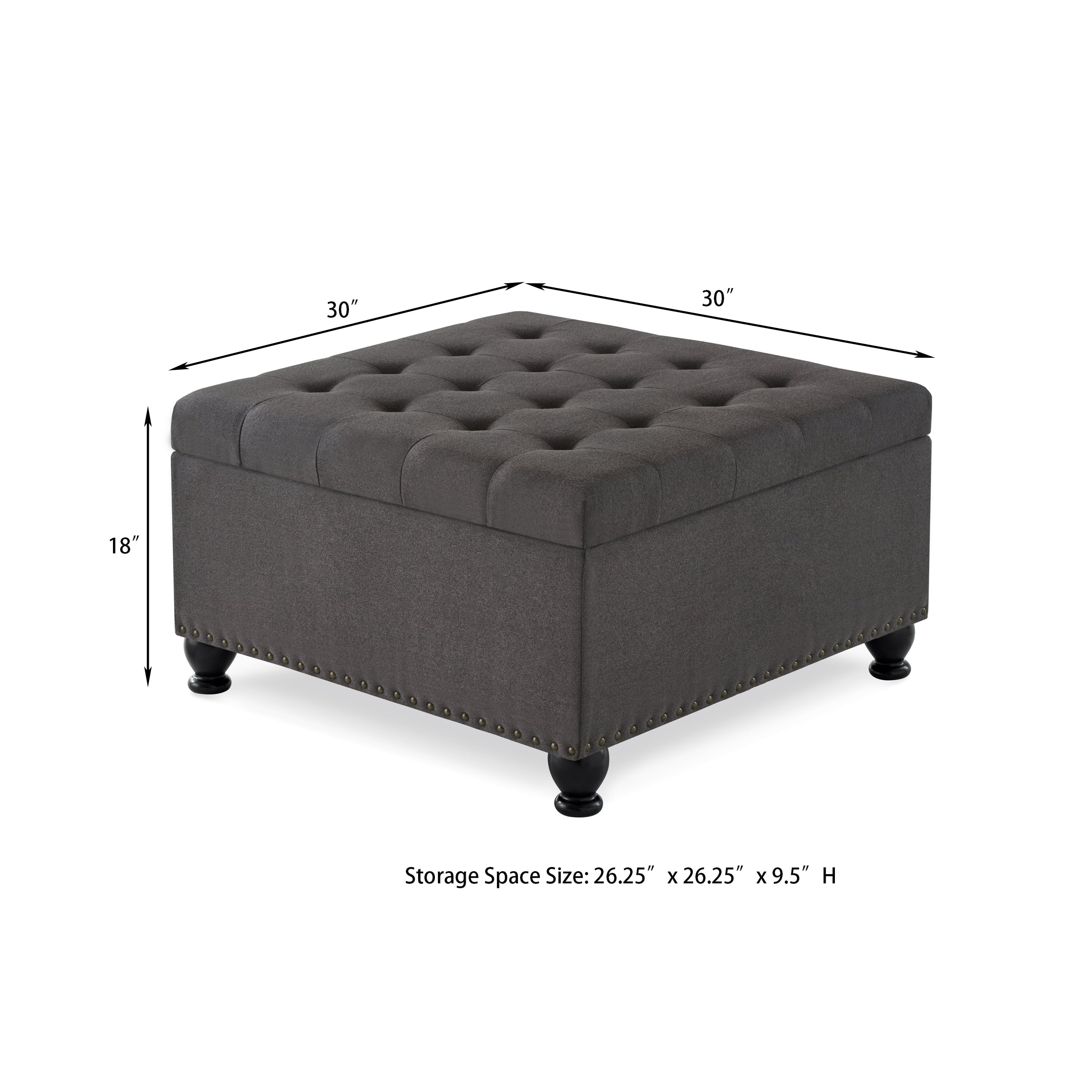Large square storage ottoman with wooden legs, Upholstered button tufted coffee table with nail trims for Living Space,Dark Grey - Grand Goldman Shop