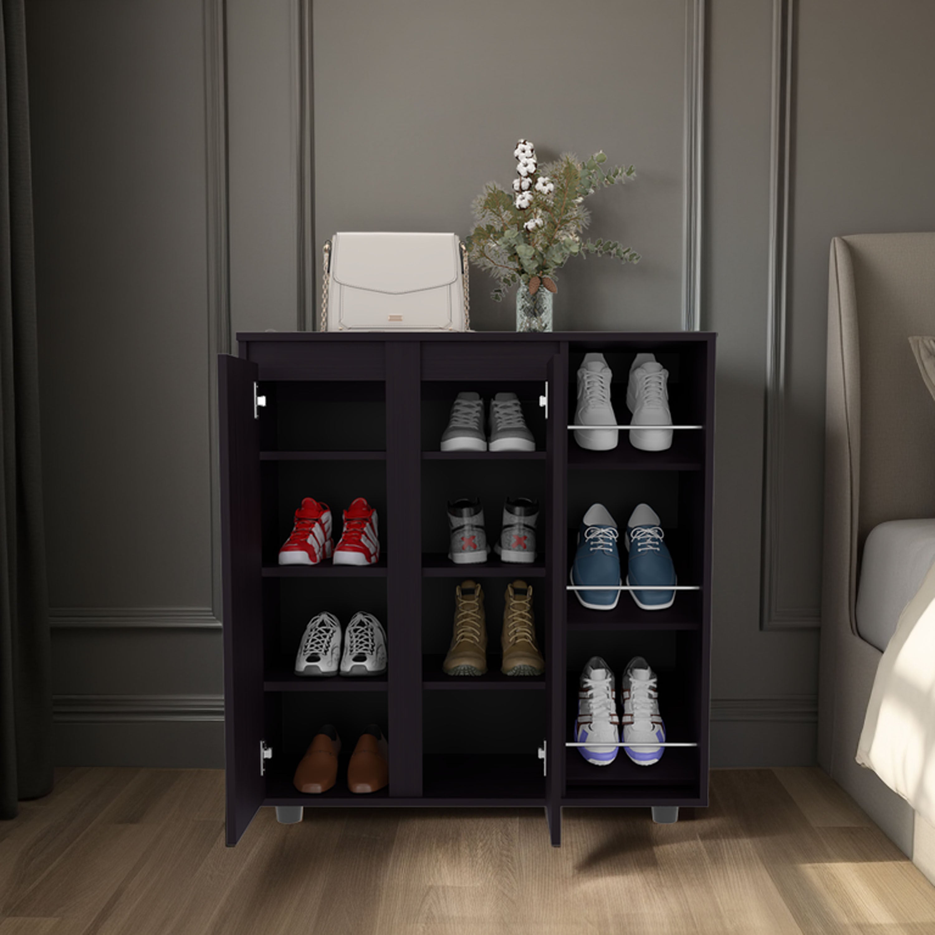 Gitano Shoe Storage Cabinet, 2 Doors, 8  Enclosed Shelves, 3 Open Side Shelves, Freestanding Design, Entryway or Bedroom Use, Wenge - Grand Goldman Shop