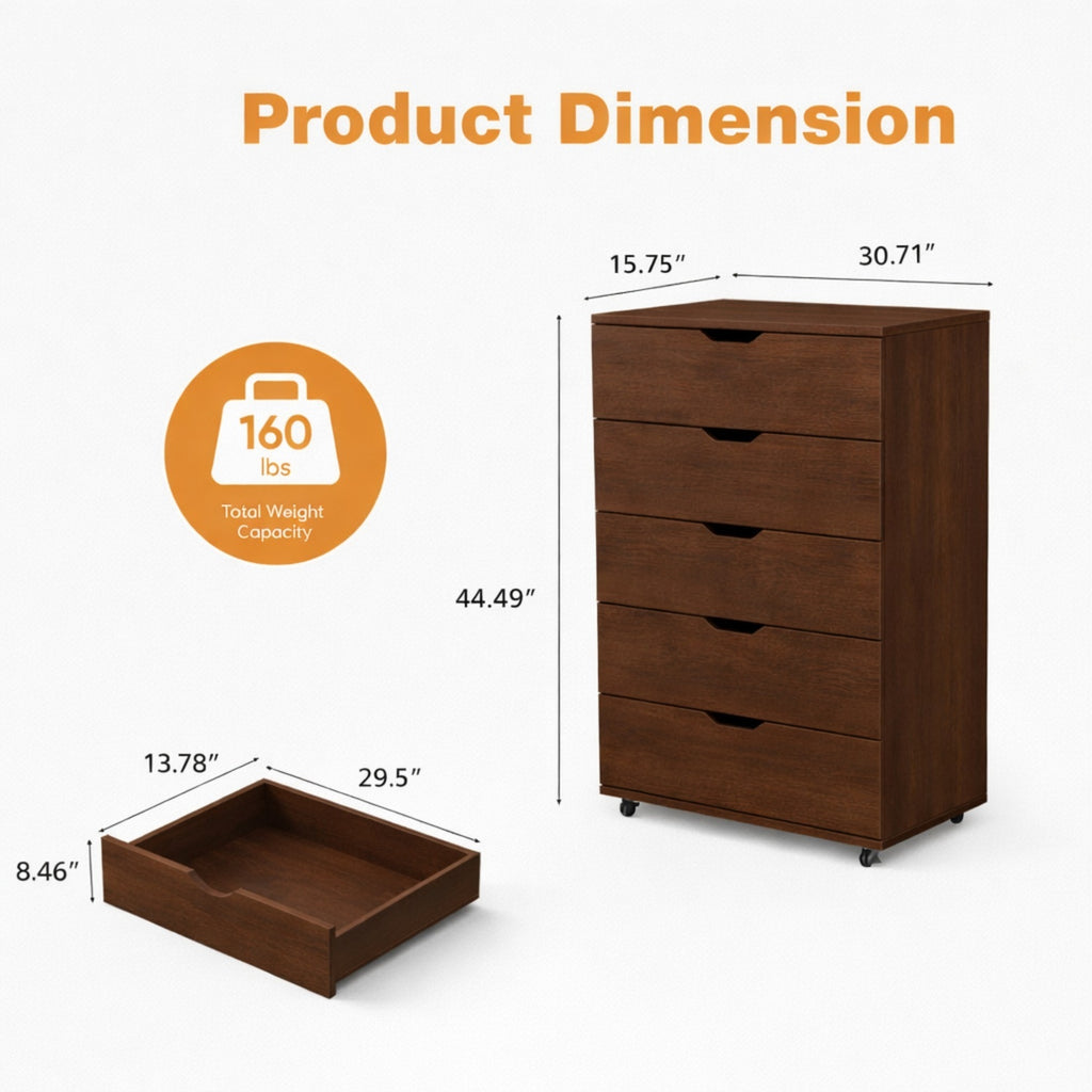 Rustic Dark Brown 5-Drawer Rolling Dresser with Caster Wheels, Wooden Mobile Storage Cabinet for Bedroom, Closet, or Small Space, 30.71' W x 15.83' D x 46.46' H - Grand Goldman Shop