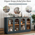 TREXM 4-Door Large Storage Buffet Cabinet with Glass Doors, Arched Cabinet with Adjustable Shelves for Kitchen, Dining Room and Living Room (Navy) - Grand Goldman Shop