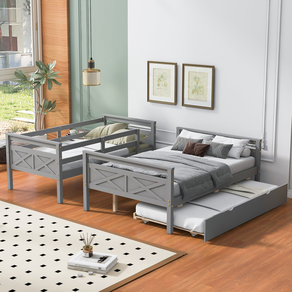 Gray Twin Over Full Bunk Bed with Ladder and Twin Trundle, Pine Wood Frame, 79.3''L x 57.1''W x 61.3''H - Grand Goldman Shop