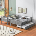 Gray Twin Over Full Bunk Bed with Ladder and Twin Trundle, Pine Wood Frame, 79.3''L x 57.1''W x 61.3''H - Grand Goldman Shop