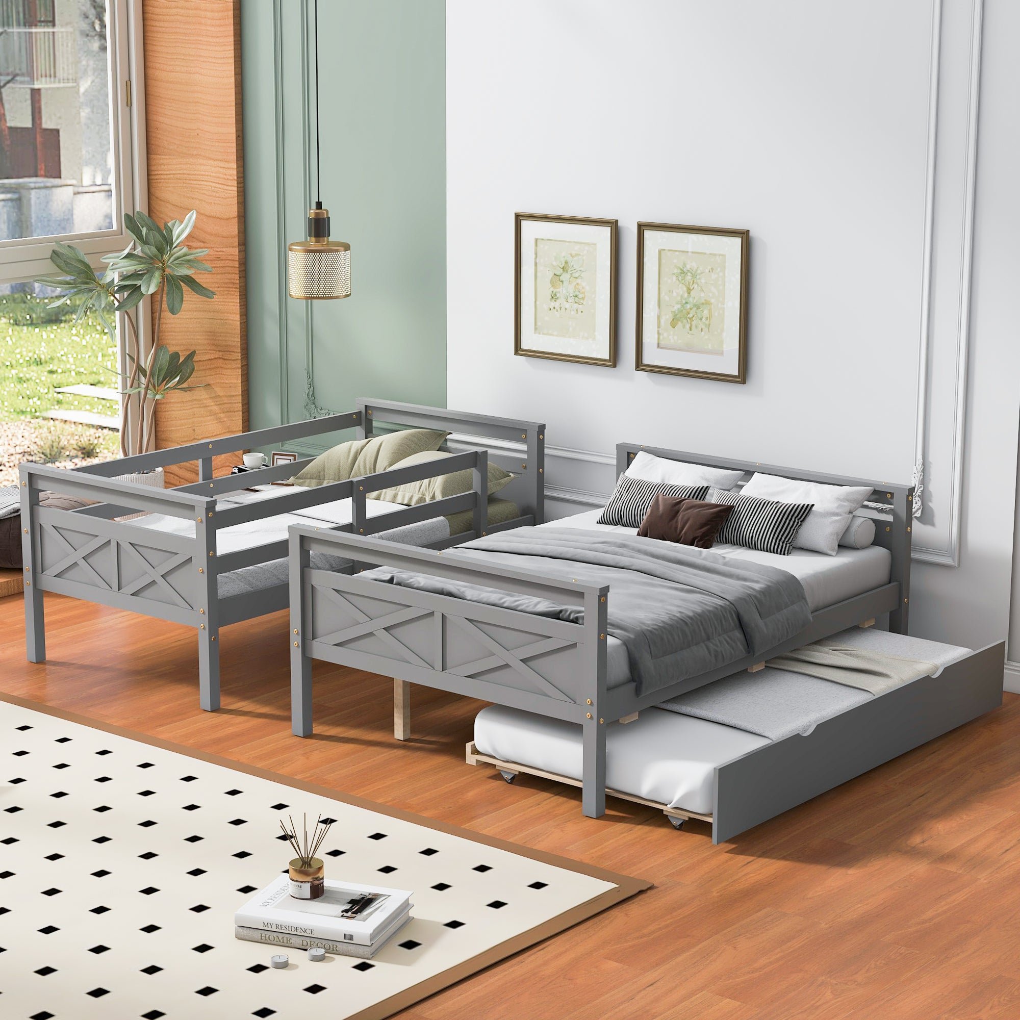 Gray Twin Over Full Bunk Bed with Ladder and Twin Trundle, Pine Wood Frame, 79.3''L x 57.1''W x 61.3''H - Grand Goldman Shop