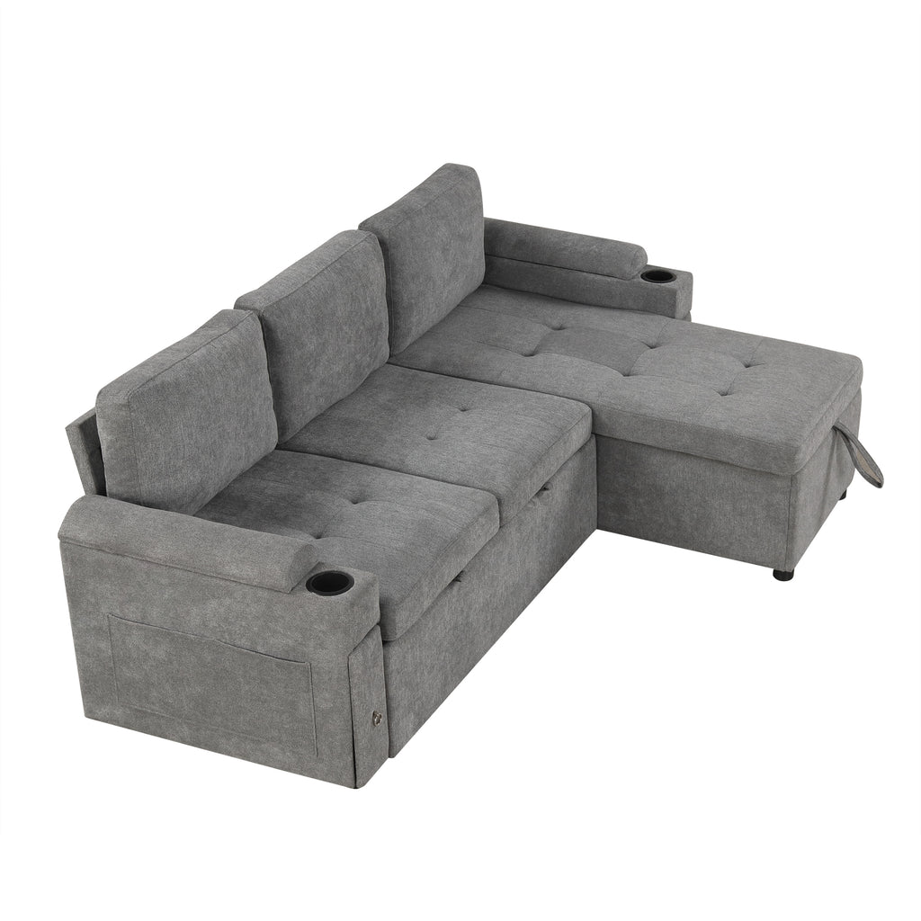 Modern L-shaped Convertible Sofa Bed with Storage, Cup Holders, USB Ports, Gray Chenille, 83.5' - Grand Goldman Shop