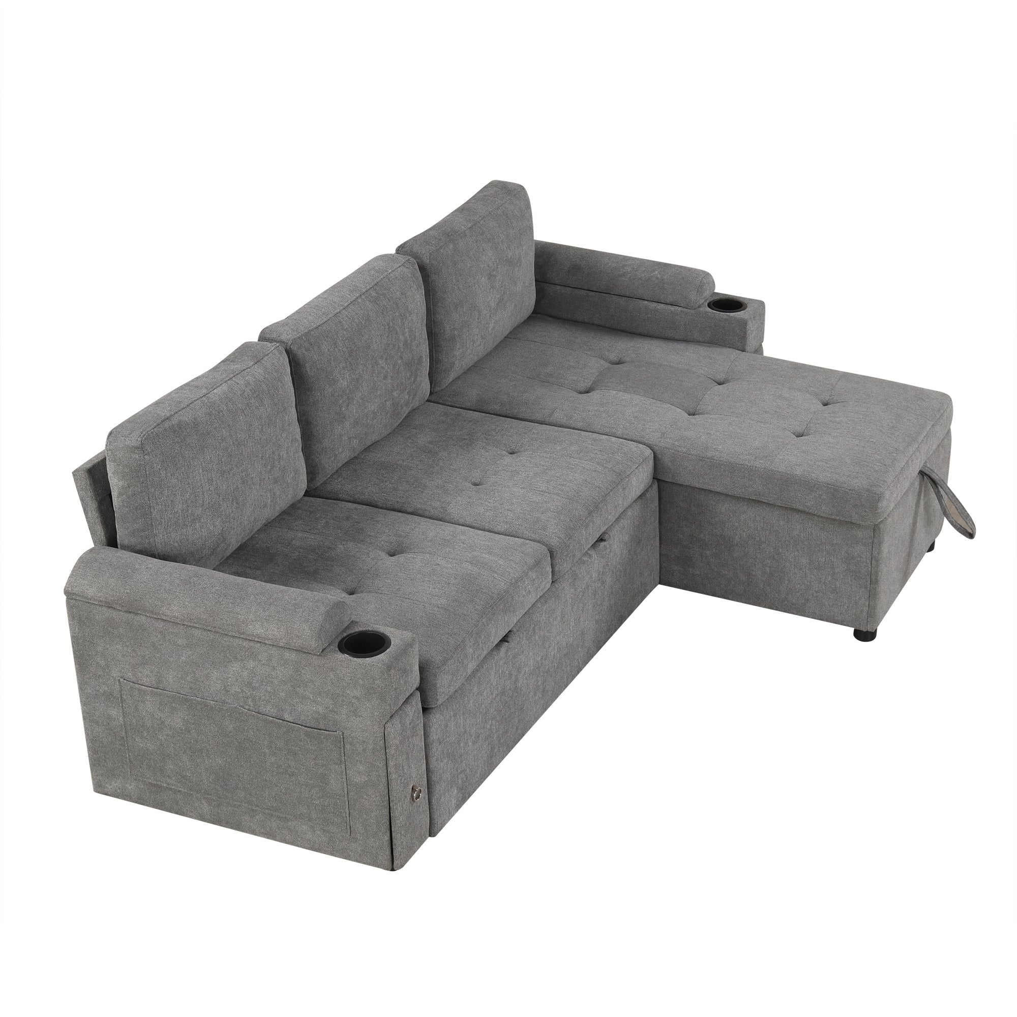 Modern L-shaped Convertible Sofa Bed with Storage, Cup Holders, USB Ports, Gray Chenille, 83.5' - Grand Goldman Shop