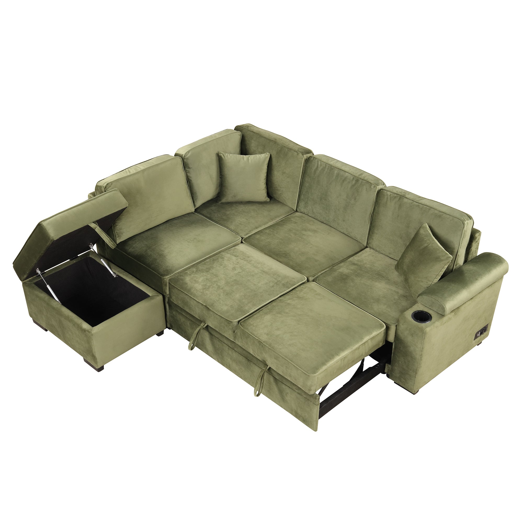 Green Velvet Sleeper Sofa Bed with Storage Ottoman, L Shape Pull Out Couch for Living Room and Bedroom - Grand Goldman Shop