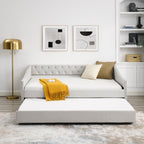 Beige Upholstered Tufted Daybed with Twin Trundle, Button-Back and Copper Nail-Waved Arms, Eucalyptus Wood Frame, 80.5''x55.5''x27.5'' - Grand Goldman Shop