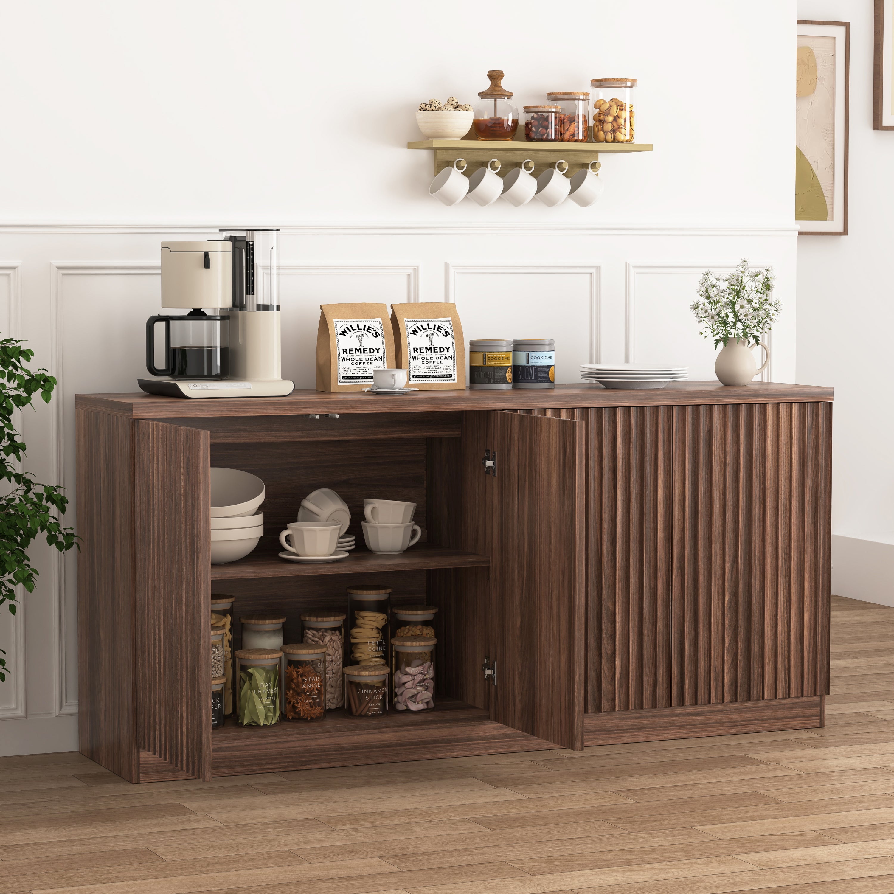 Buffet Cabinet with Storage, 62.60' Sideboard Cabinet with 4 Doors & Shelves, Wooden Kitchen Coffee Bar Credenza Storage for Living Room, Hallway Walnut - Grand Goldman Shop