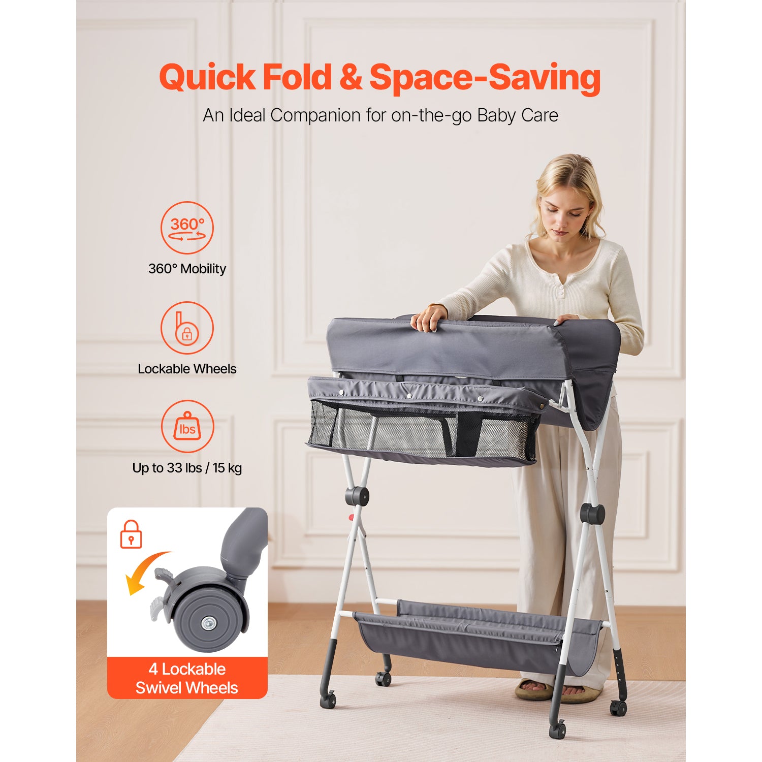 Foldable Baby Changing Diaper Station with Side Basket & Wheels Dark Gray - Grand Goldman