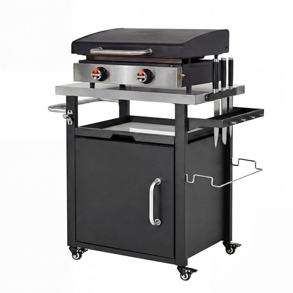 K&K 39.5' Outdoor Grill Cart with Storage Cabinet, Outdoor Bar Cart Pizza Oven Table with Wheels, Stainless Steel Top, Outdoor Kitchen Island with Spice & Paper Rack for BBQ, Waterproof Cover Included - Grand Goldman Shop