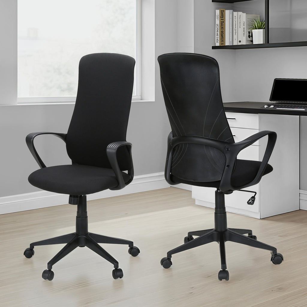 Contemporary Office Chair with Adjustable Height, Armrests, Swivel, Ergonomic Design in Black Fabric and Metal, Modern Work C