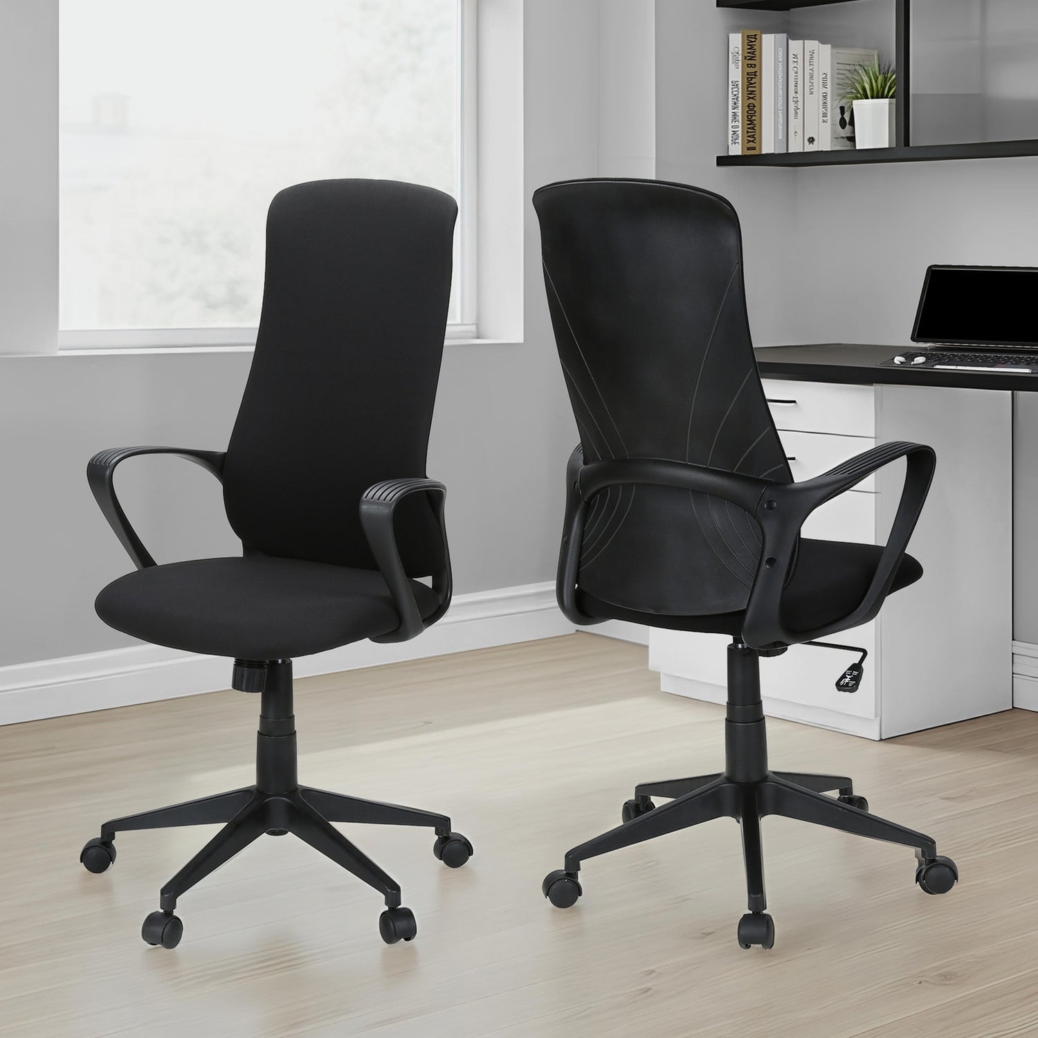 Contemporary Office Chair with Adjustable Height, Armrests, Swivel, Ergonomic Design in Black Fabric and Metal, Modern Work C