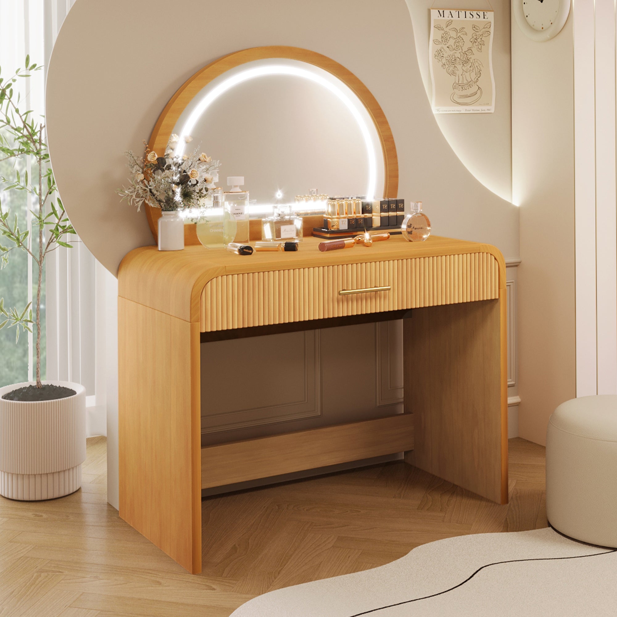 39' Makeup Vanity Table with Mirror Touch Screen Lighted Mirror, Dressing Table with Drawer for Bedroom, Natural - Grand Goldman Shop