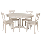 Antique White Modern Dining Table Set for 4 with Round Table and Chairs, Solid Wood & MDF - Grand Goldman Shop