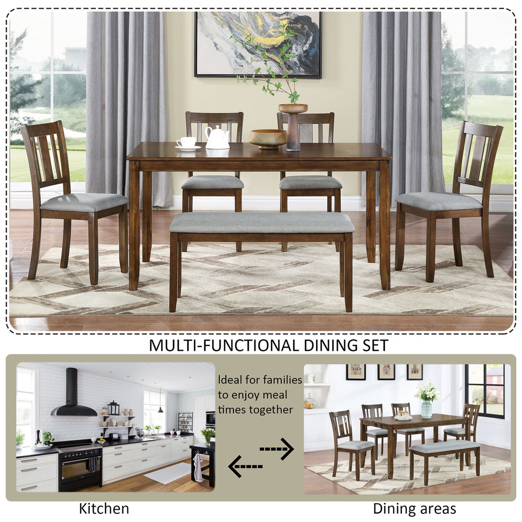 6PCs Kitchen Dining Set, Rectangular Wooden Dining Table with 4 Upholstered Chairs and a Bench, Dining Table Set for 6 People, Living Room, Home Bar and Kitchen, Walnut - Grand Goldman Shop