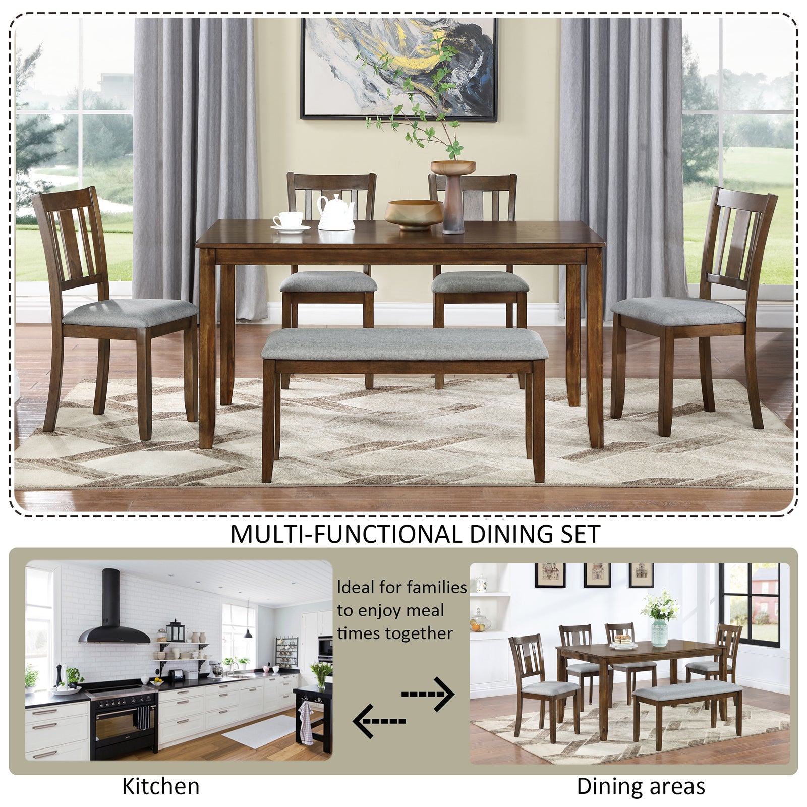 6PCs Kitchen Dining Set, Rectangular Wooden Dining Table with 4 Upholstered Chairs and a Bench, Dining Table Set for 6 People, Living Room, Home Bar and Kitchen, Walnut - Grand Goldman Shop