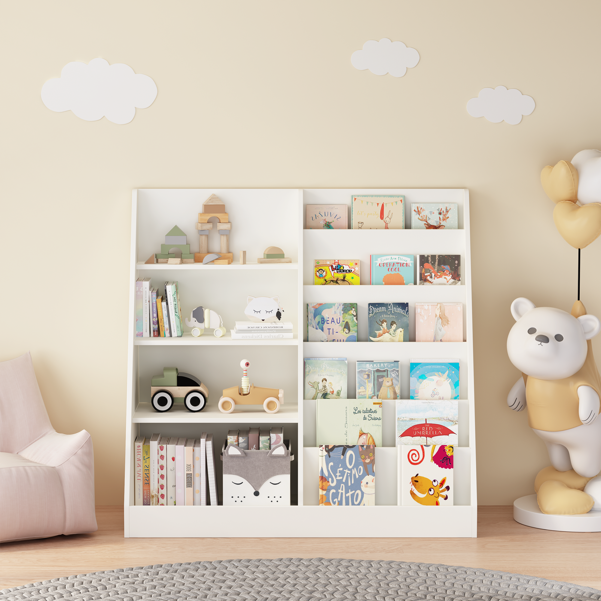 Kids Bookshelf and Toy Storage Organizer, Multifunctional 4-Tier White Wooden Bookcase with Toy Bin for Nursery, Playroom, or