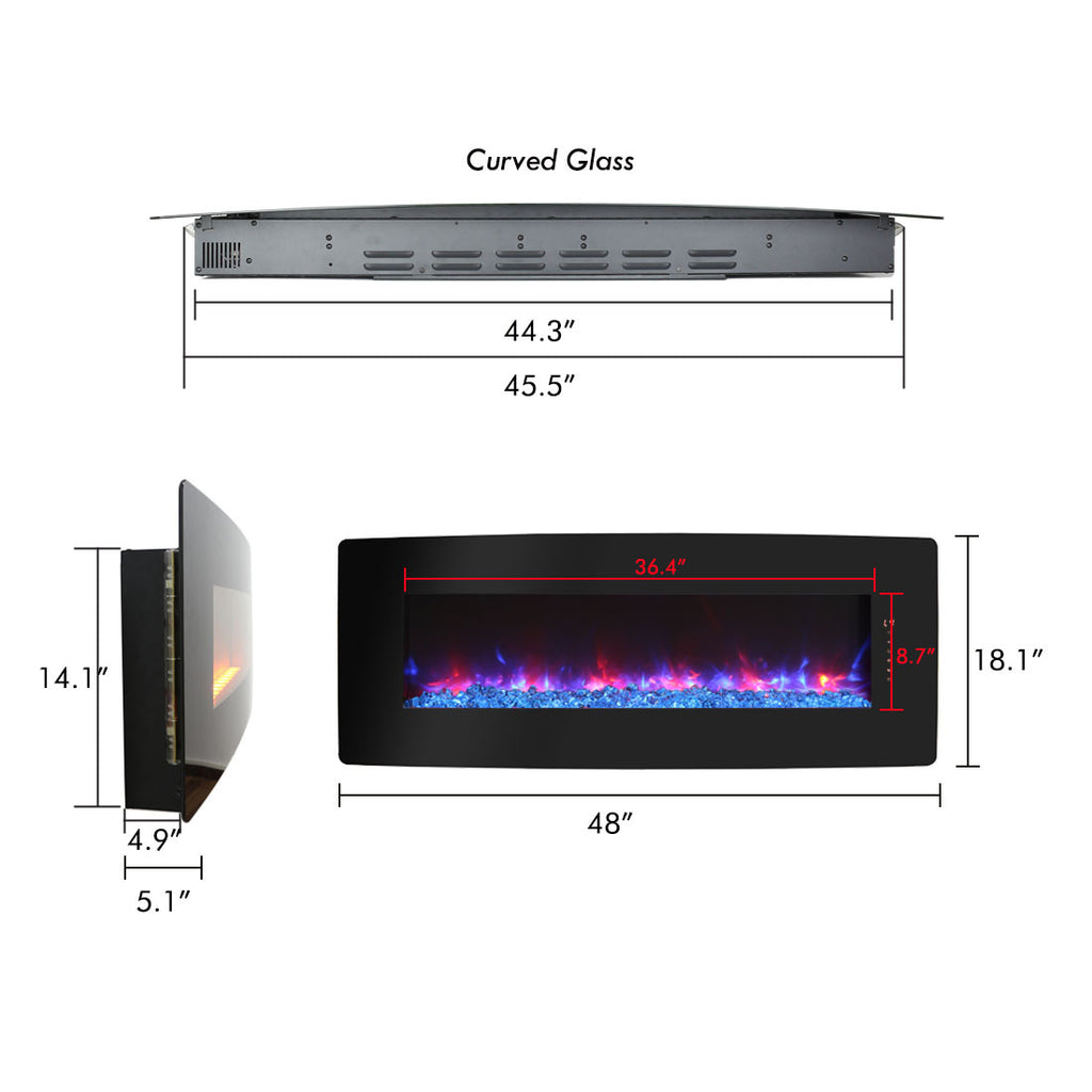 48 inch Curved Front Wall Mounted Electric Fireplace with remote and multi color flame & emberbed - Grand Goldman Shop