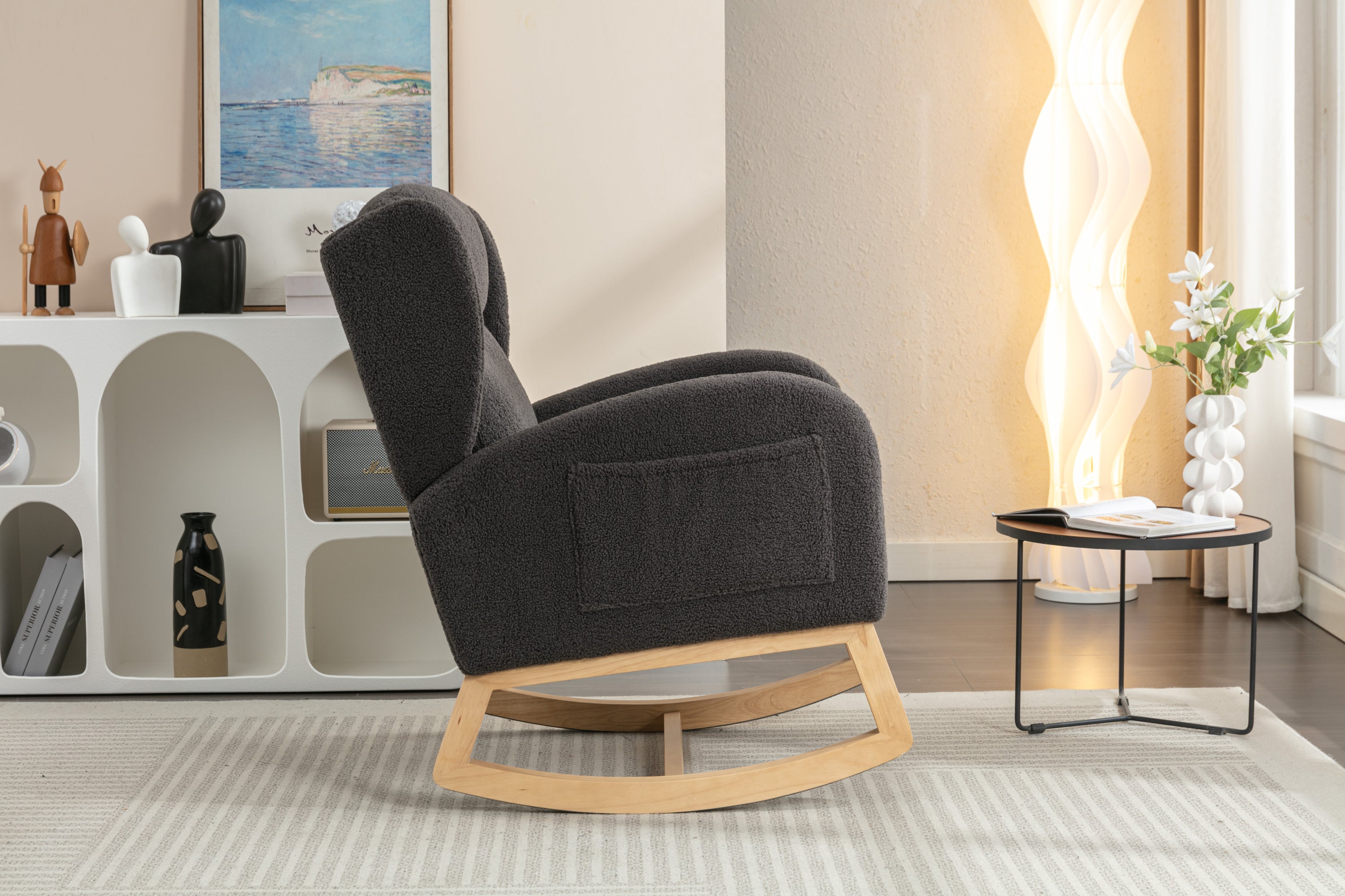 049-Teddy Fabric Rocking Chair With Packet Wood Legs,Dark Gray - Grand Goldman Shop
