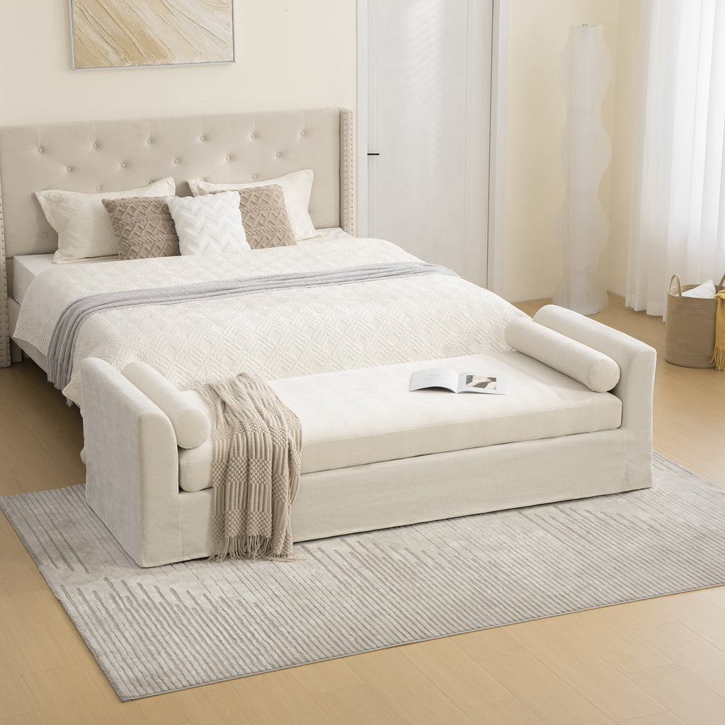 88.58' Wide Modern Bench, Bed End Bench with Armrests,Chenille Chaise Lounge Couch with 2 Bolster Pillows, Suitable For Living Rooms, Entryways, Dormitories, And Bedrooms.Beige - Grand Goldman Shop