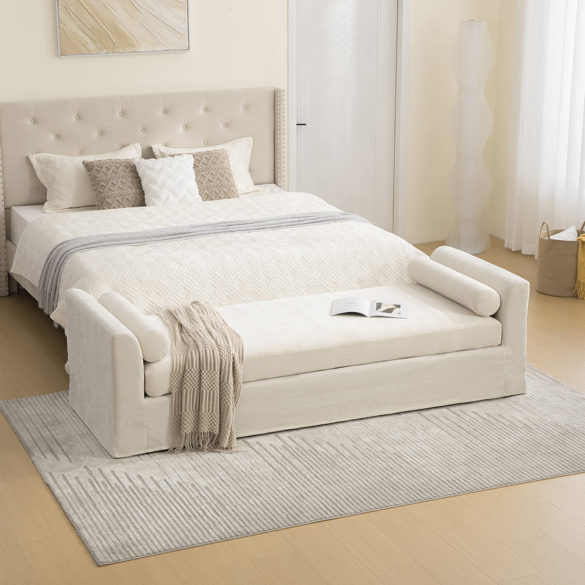 88.58' Wide Modern Bench, Bed End Bench with Armrests,Chenille Chaise Lounge Couch with 2 Bolster Pillows, Suitable For Living Rooms, Entryways, Dormitories, And Bedrooms.Beige - Grand Goldman Shop