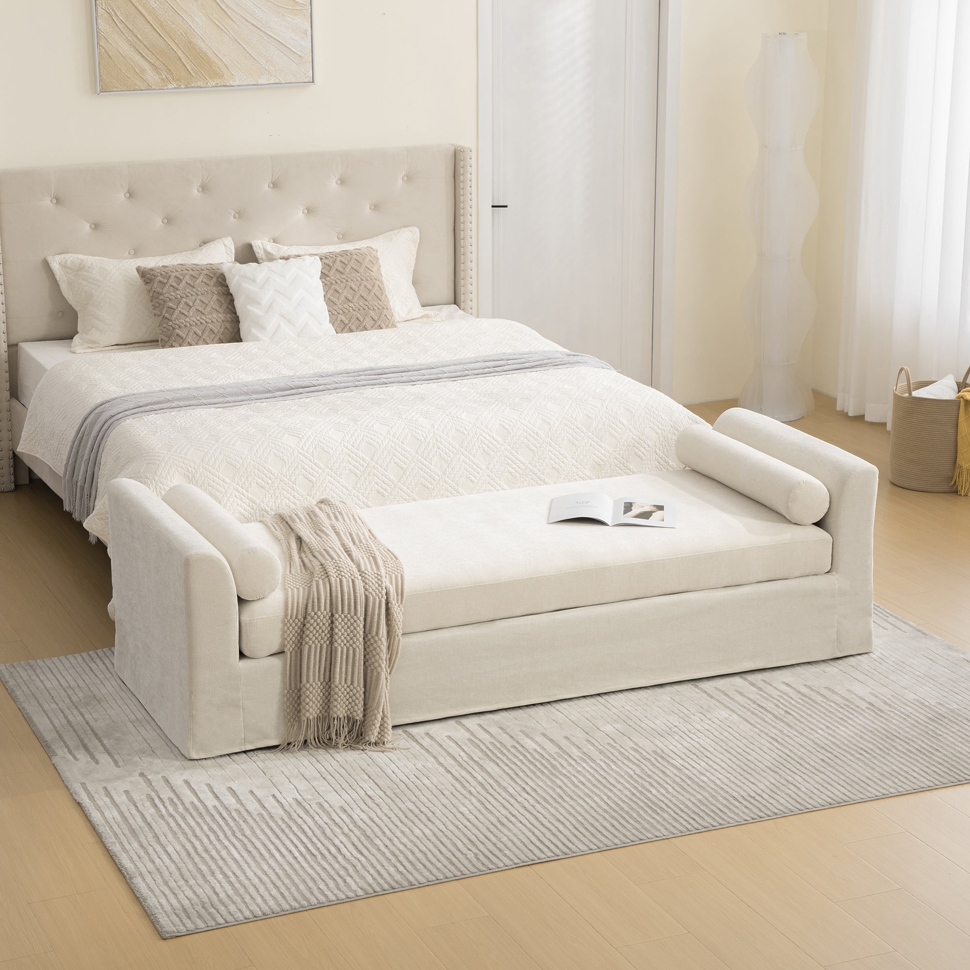 88.58' Wide Modern Bench, Bed End Bench with Armrests,Chenille Chaise Lounge Couch with 2 Bolster Pillows, Suitable For Living Rooms, Entryways, Dormitories, And Bedrooms.Beige - Grand Goldman Shop
