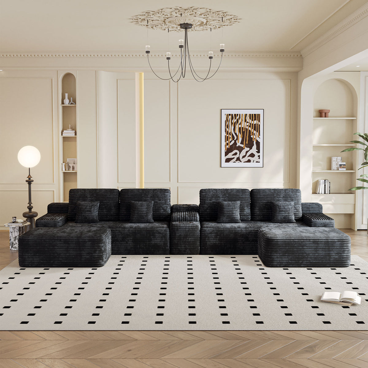 150''Width 5-piece Sectional Sofa with 2 Ottomans,Comfy U-shaped Sofa Couch for Living Room,BLACK Plush Corduroy Fabric - Grand Goldman Shop