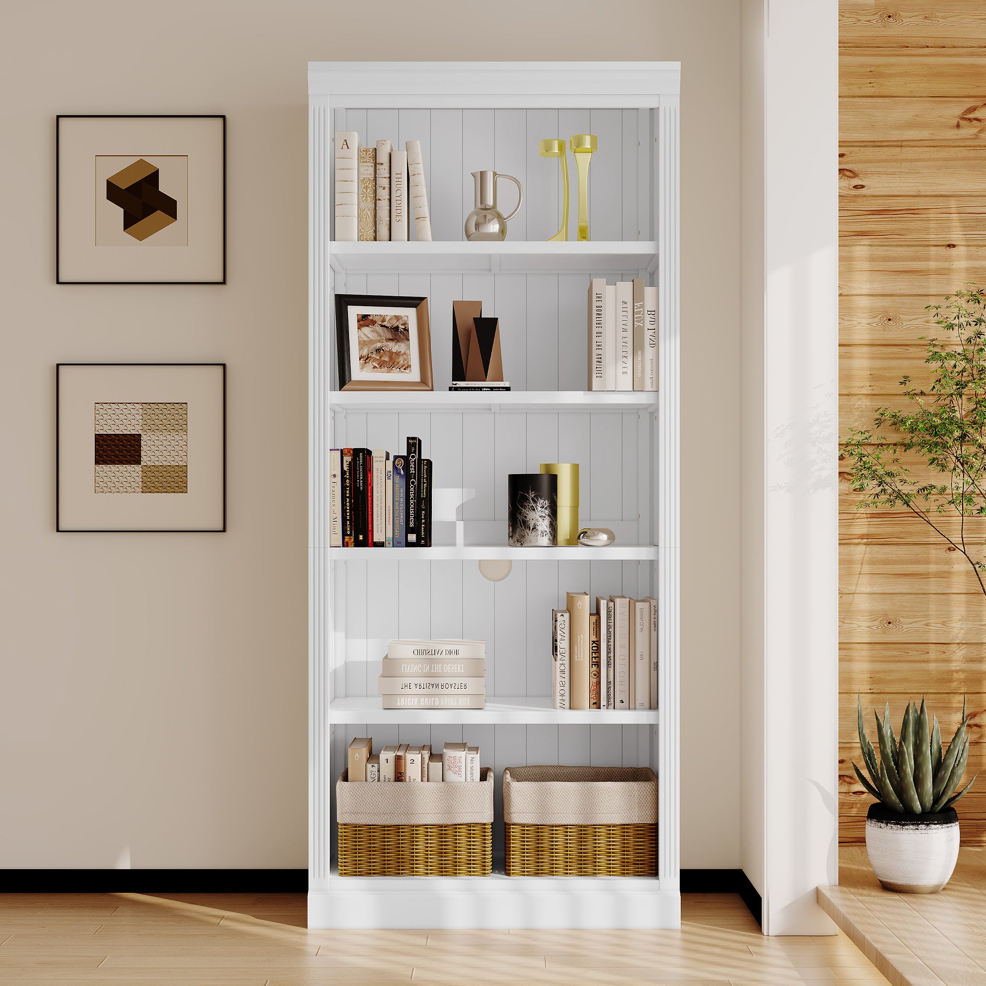 83.4' Tall Wood Bookcase,5-Tier Home Decor Bookshelves with Adjustable Storage Shelves,Storage Organizer for CDs/Books/Movies