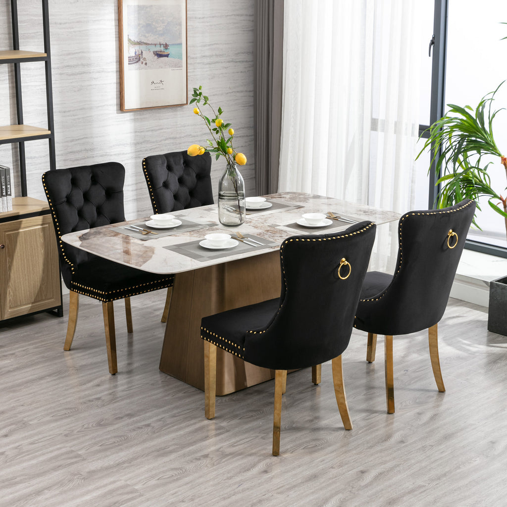 A&A Furniture,Nikki Collection Modern, High-end Tufted Solid Wood Contemporary Velvet Upholstered Dining Chair with Golden Stainless Steel Plating Legs,Nailhead Trim,Set of 2，Black and Gold, SW1601BK - Grand Goldman Shop