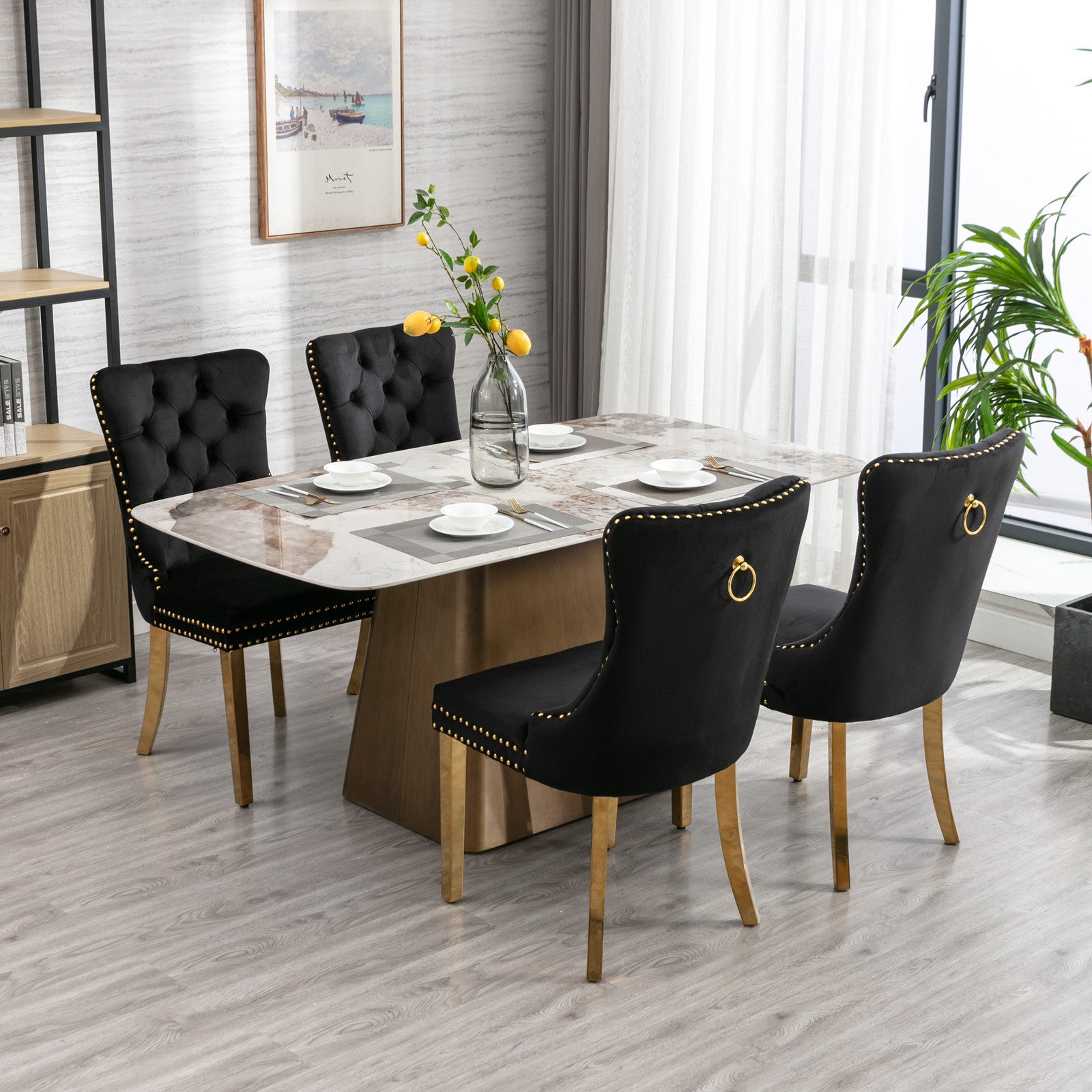 A&A Furniture,Nikki Collection Modern, High-end Tufted Solid Wood Contemporary Velvet Upholstered Dining Chair with Golden Stainless Steel Plating Legs,Nailhead Trim,Set of 2，Black and Gold, SW1601BK - Grand Goldman Shop