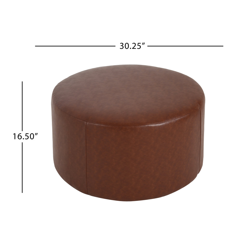 Upholstered Round Ottoman,PU Leather,Brown - Grand Goldman Shop
