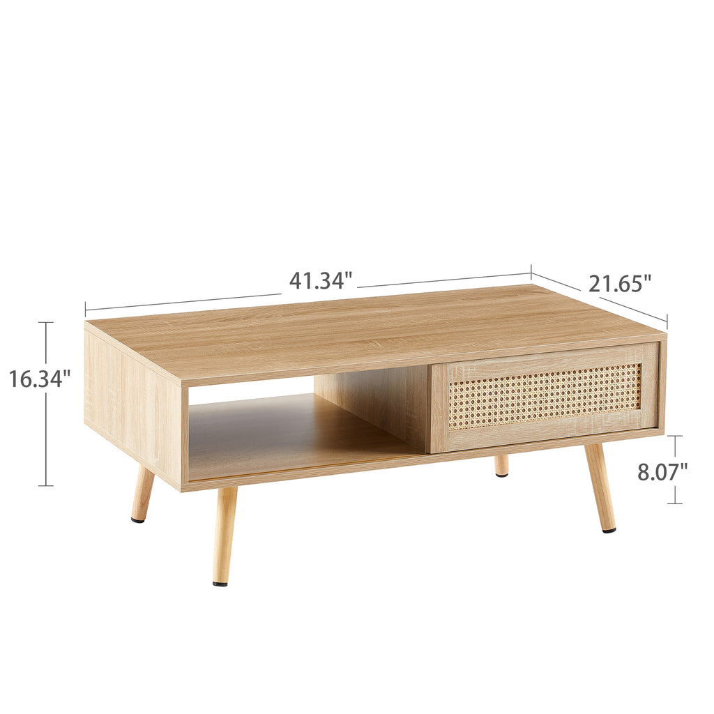 41.34' Rattan Coffee Table, Sliding Door for Storage, Solid Wood Legs, Modern Table for Living Room-Natural - Grand Goldman Shop