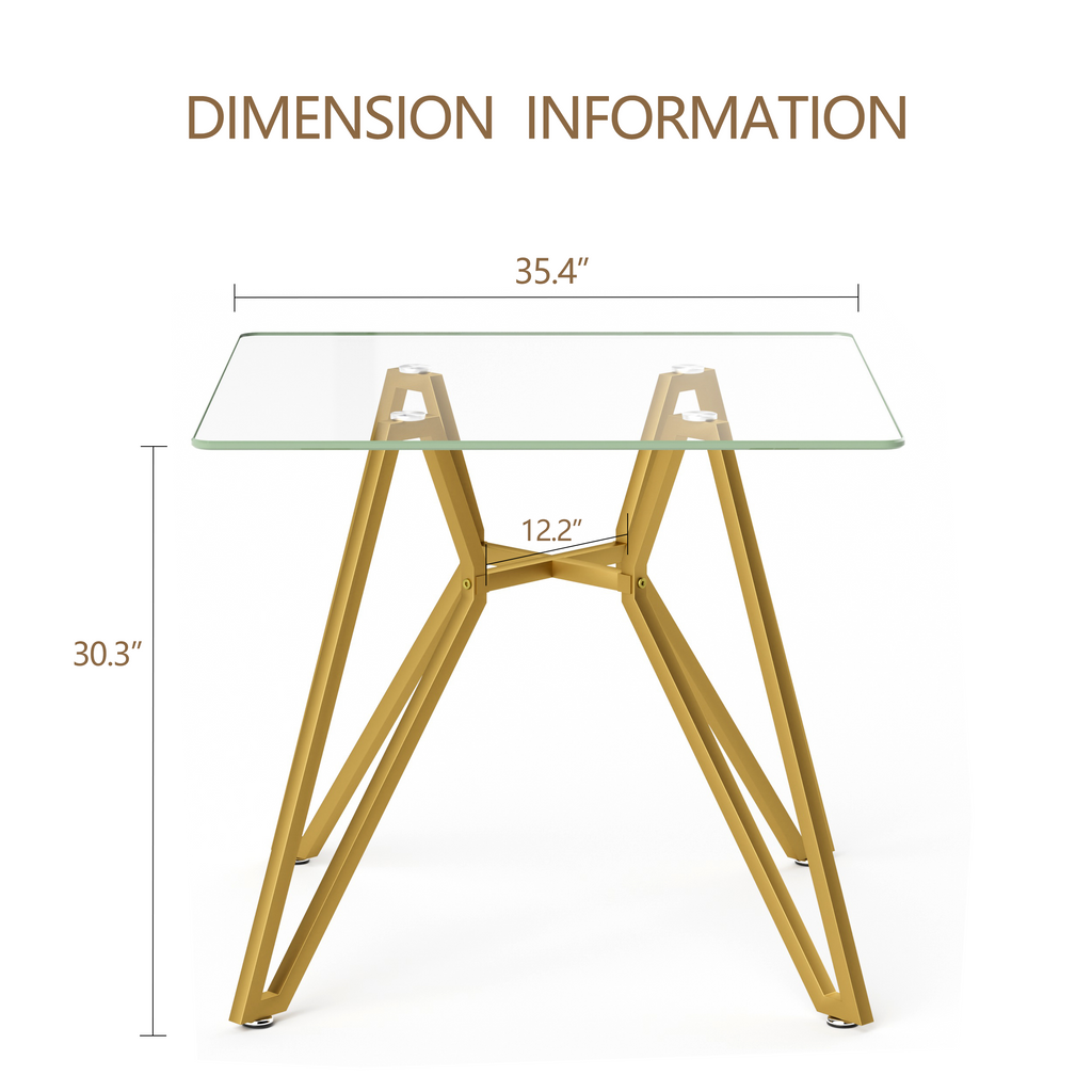 Modern Gold Glass Dining Table with Metal Legs for 2-4 People, 35.4-Inch Square - Grand Goldman Shop