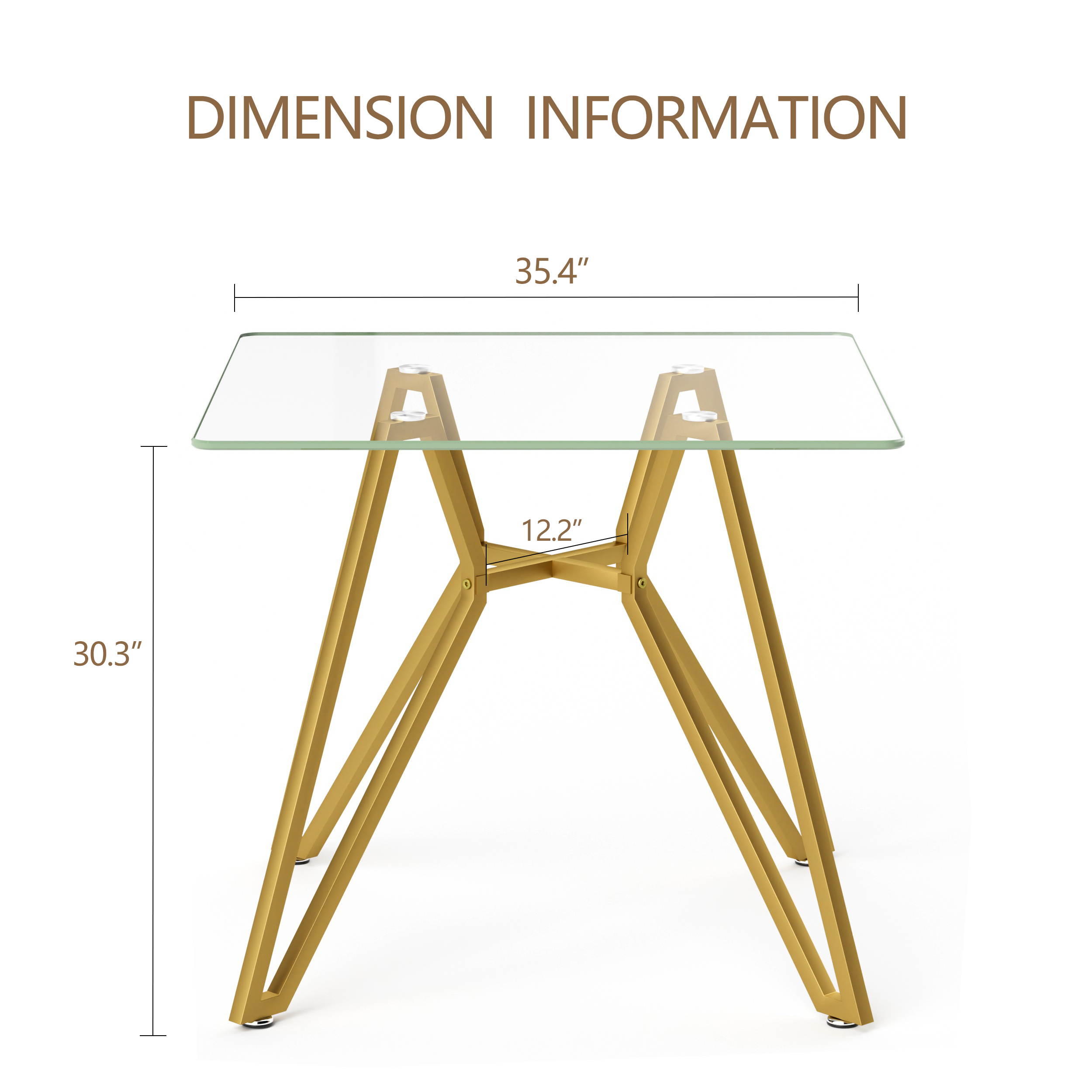 Modern Gold Glass Dining Table with Metal Legs for 2-4 People, 35.4-Inch Square - Grand Goldman Shop