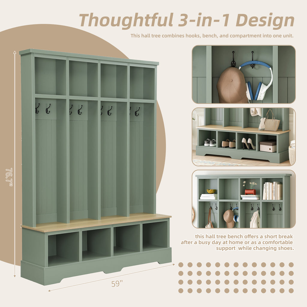 Farmhouse Hall Tree with 8 Hooks, Practical Entryway Bench with Open Compartments, 76.7'H Modern 3-in-1 Wooden Style Coat and Shoe Rack for Mudroom, Living Room, Mint Green (OLD SKU: N721P292601M) - Grand Goldman Shop