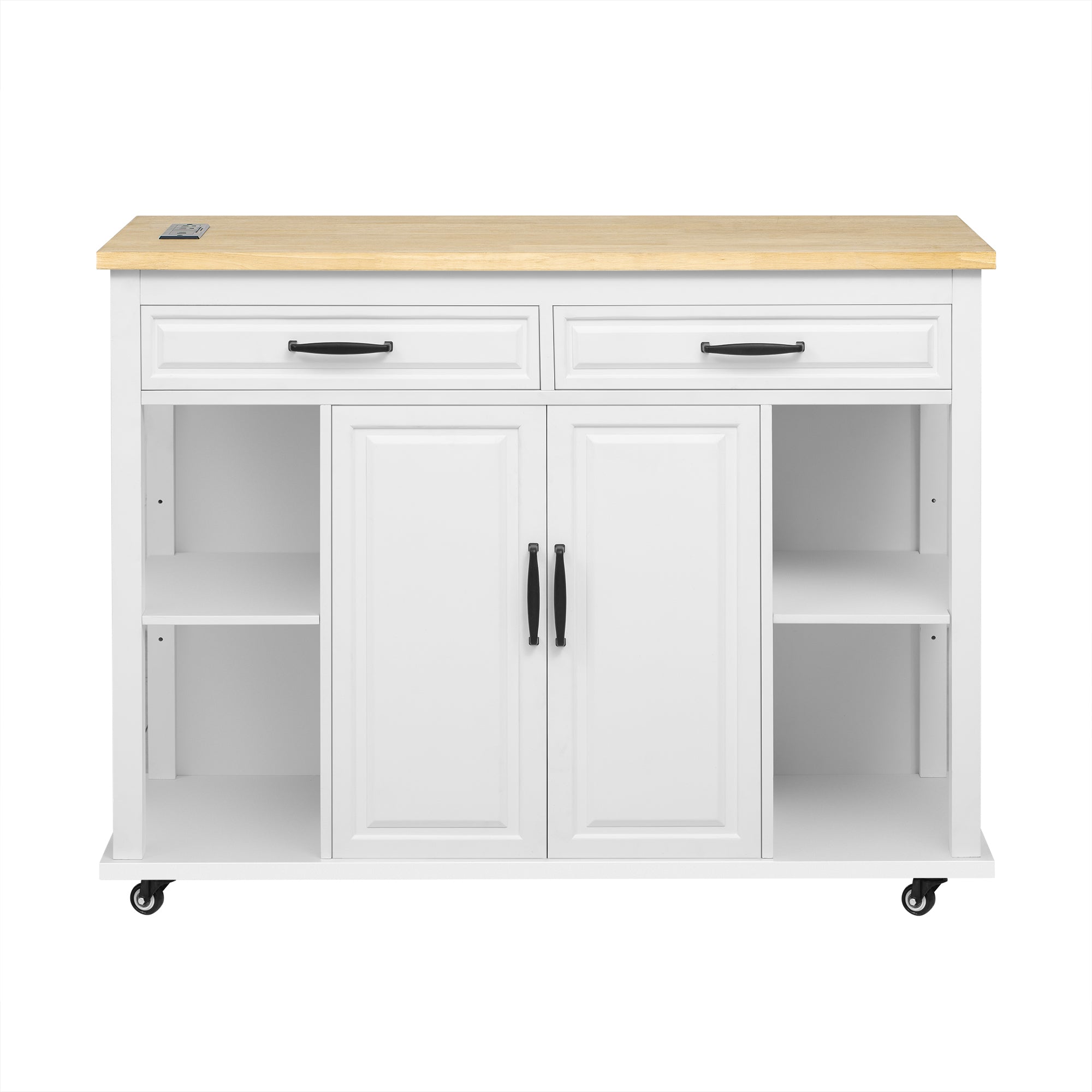 K&K 47 inch Kitchen Island with Extendable Dining Table, Rubber Wood Veneer Kitchen Table with Internal Storage Rack, Power Outlet, Kitchen island with Storage 2 Drawers 2 Cabinet,White - Grand Goldman Shop